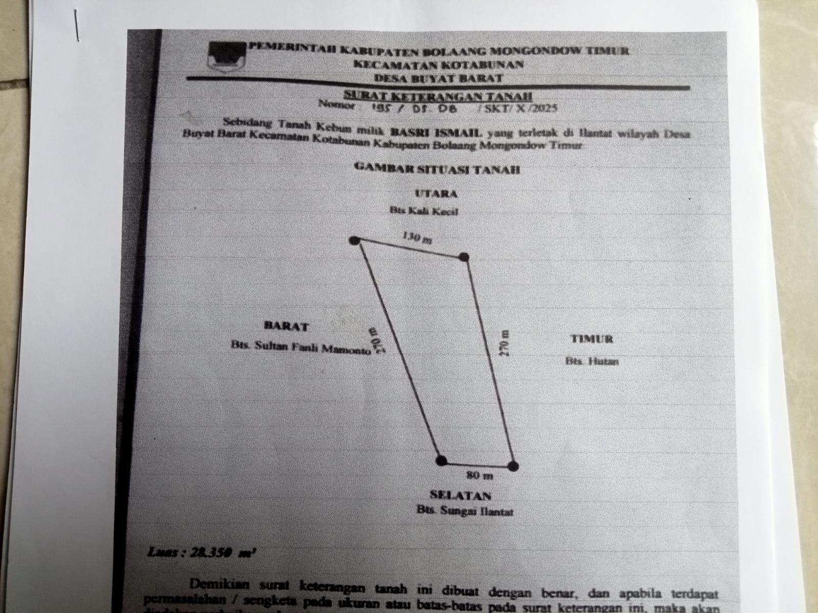 Surat Tanah Diduga Milik Basri Ismail